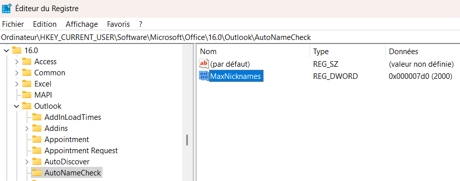 outlook limite contacts
